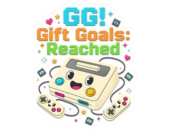 Puede incluir: Una pegatina con una consola de videojuegos retro con una cara sonriente, dos mandos a juego y el texto "GG! Gift Goals: Reached". El diseño incluye estrellas, corazones e iconos de cartuchos de juego.