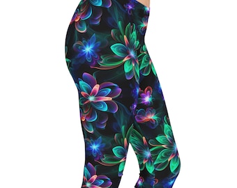Women's Capri Leggings with Green Neon Flower Pattern - Vibrant AOP Activewear