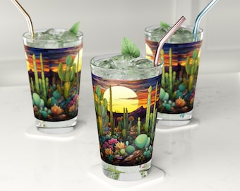 Nighttime in the Desert with a Cactus Bloom: Stained Glass Artwork 16oz Pint Glass Gift idea gifts for home decor housewarming gift