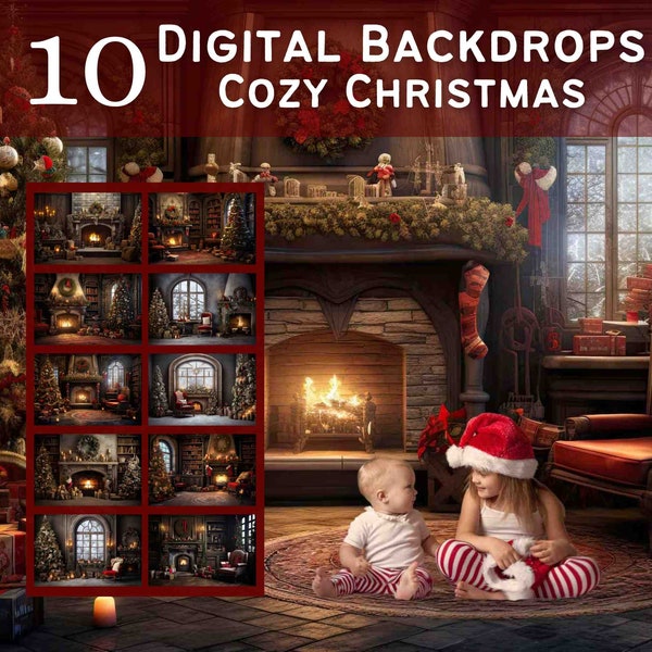 10 Cozy Christmas Room Digital Backdrops, Wedding, Family, Kids, Maternity Portrait Digital Overlays, Studio Photography Backgrounds #1001