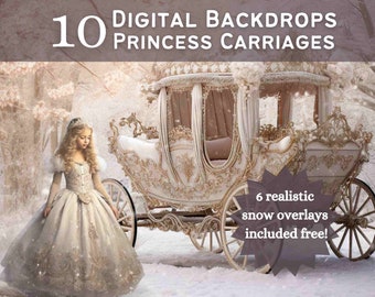 10 Princess Carriage Digital Backdrops, Fairytale, Storybook, Wedding, Girl, Teen Portrait Digital Overlays, Photography Backgrounds #1001