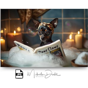 Miniature Pinscher in Bathtub Photo Digital Download - Funny Dog Art Gift