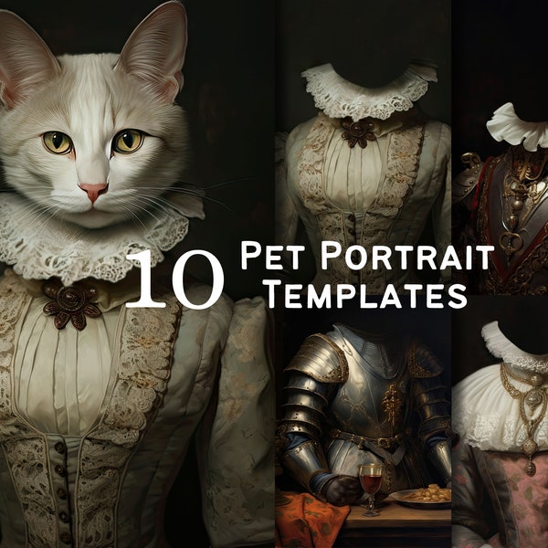 10 Haustierportrait-Vorlagen, digitale Hintergründe, digitaler Download, Renaissance-Haustierportraits, Fine-Art-Ölgemälde, lustige Haustierfotos #1022