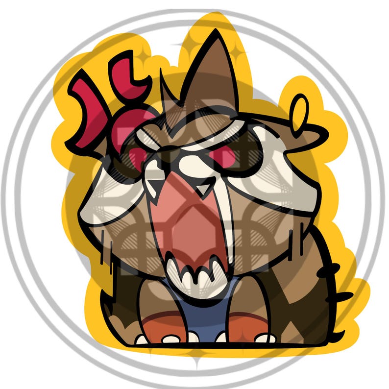 May include: A cartoon illustration of a fierce, brown and tan creature with red eyes and a wide open mouth. The image is set within a white circle, surrounded by a yellow, star-shaped outline, and includes Japanese text.