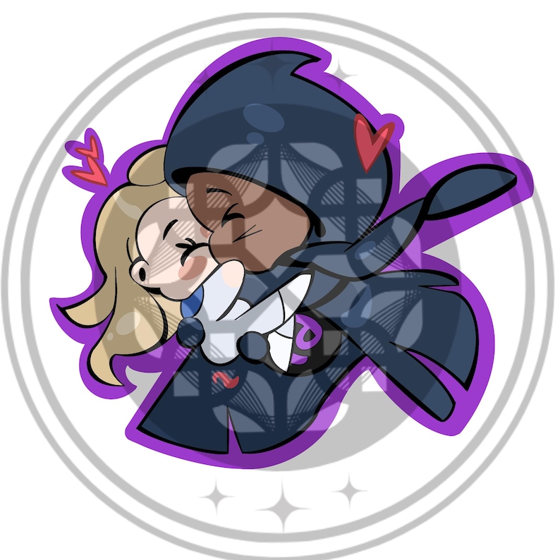 May include: A cartoon illustration of two figures embracing, set within a white circle with a purple border. One figure is fair-skinned with blonde hair, the other is dark-skinned and wearing a dark blue outfit. Red hearts accent the image.