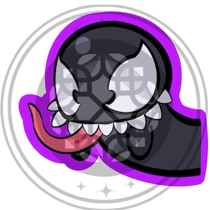 May include: A cartoon illustration of a Venom character with a black body, white eyes, and a red tongue. The character is outlined in purple and set against a white background with a gray circle.