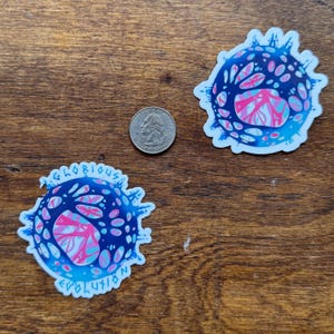 May include: Two stickers with a blue and pink design, and a quarter coin on a wooden surface. The stickers have a circular shape with a spiky outline. One sticker has the text "GLORIOUS EVOLUTION".