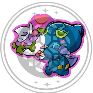 May include: A cartoon illustration of two stylized creatures embracing, set against a pink backdrop and a white circular frame. One creature is blue with a plaid pattern, the other is white and purple. A red heart floats above.