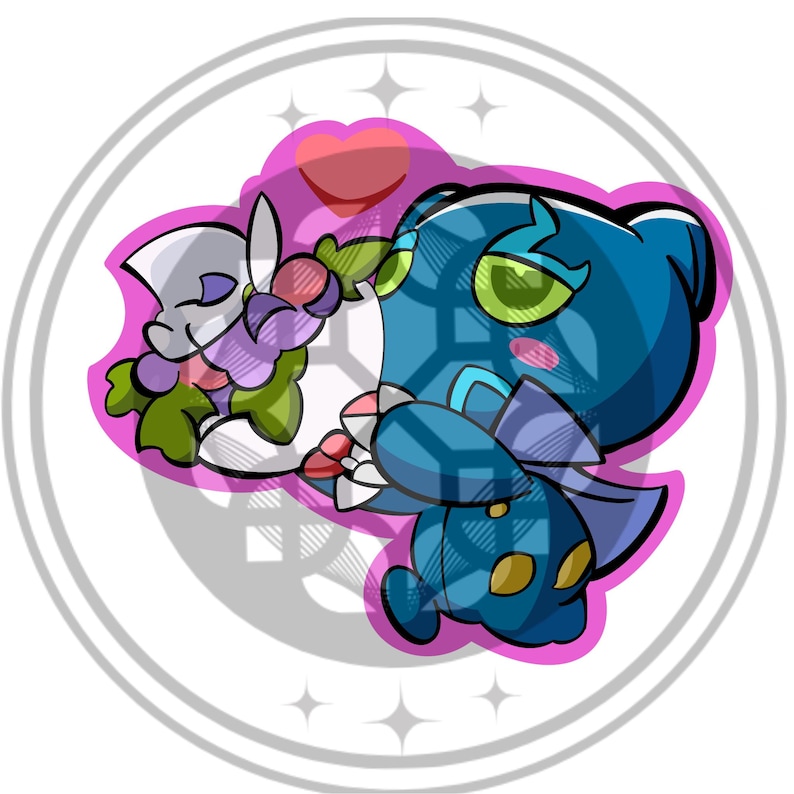 May include: A cartoon illustration of two stylized creatures embracing, set against a pink backdrop and a white circular frame. One creature is blue with a plaid pattern, the other is white and purple. A red heart floats above.