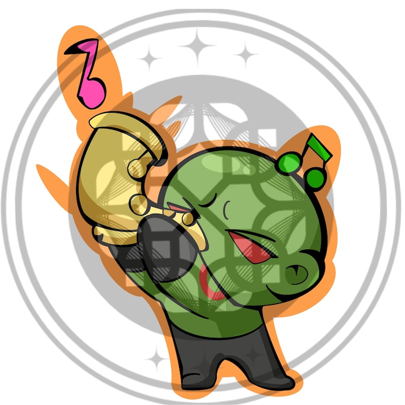 May include: A cartoon illustration of a green turtle playing a gold saxophone. The turtle is wearing black pants and has a red mark on its arm. Pink and green musical notes float above the turtle's head, set against an orange background.