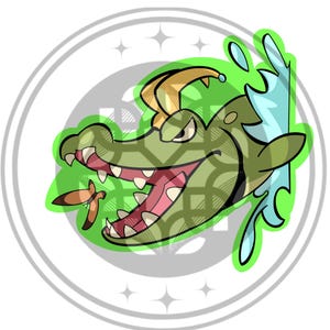 May include: A cartoon illustration of a green alligator with an open mouth, showing sharp teeth. The alligator wears a gold crown and is surrounded by green and blue water effects. The image is set within a gray and white circular frame.