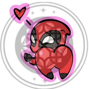 May include: A cartoon illustration of Deadpool in a chibi style, with a red and black color scheme. The character is in a playful pose, with a pink heart above his head. The image is set against a white background with a circular design.