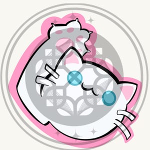 May include: A white cat illustration with blue eyes and pink accents, set against a gray patterned background within a white and gray circular frame. A pink paw print is above the cat's head.