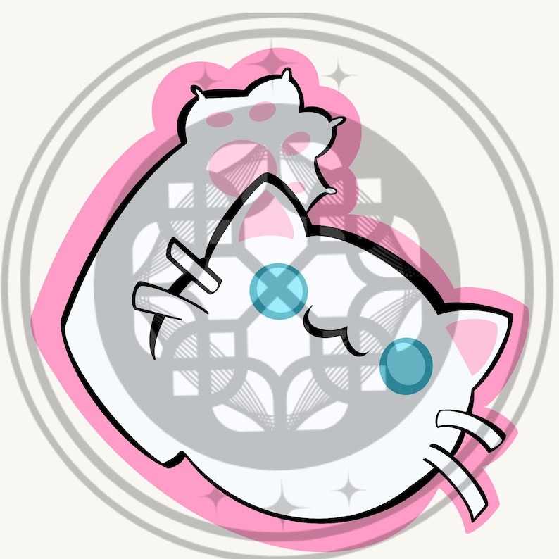 May include: A white cat illustration with blue eyes and pink accents, set against a gray patterned background within a white and gray circular frame. A pink paw print is above the cat's head.