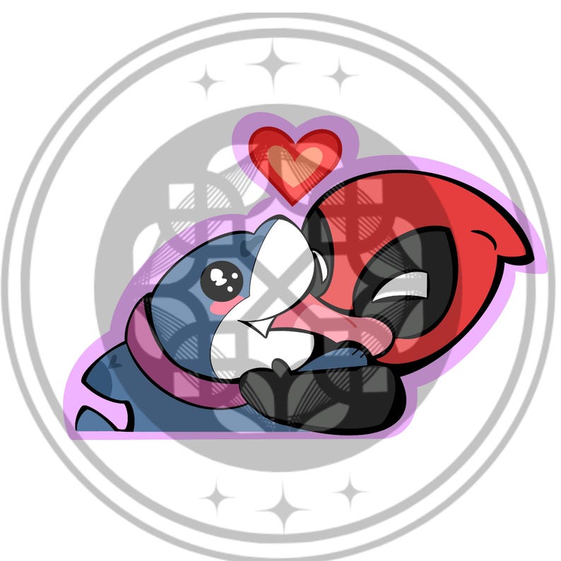 May include: A cartoon illustration of two characters embracing, one in a red suit and mask, the other a blue and white creature with a pink scarf. A red heart floats above them, set within a circular frame.