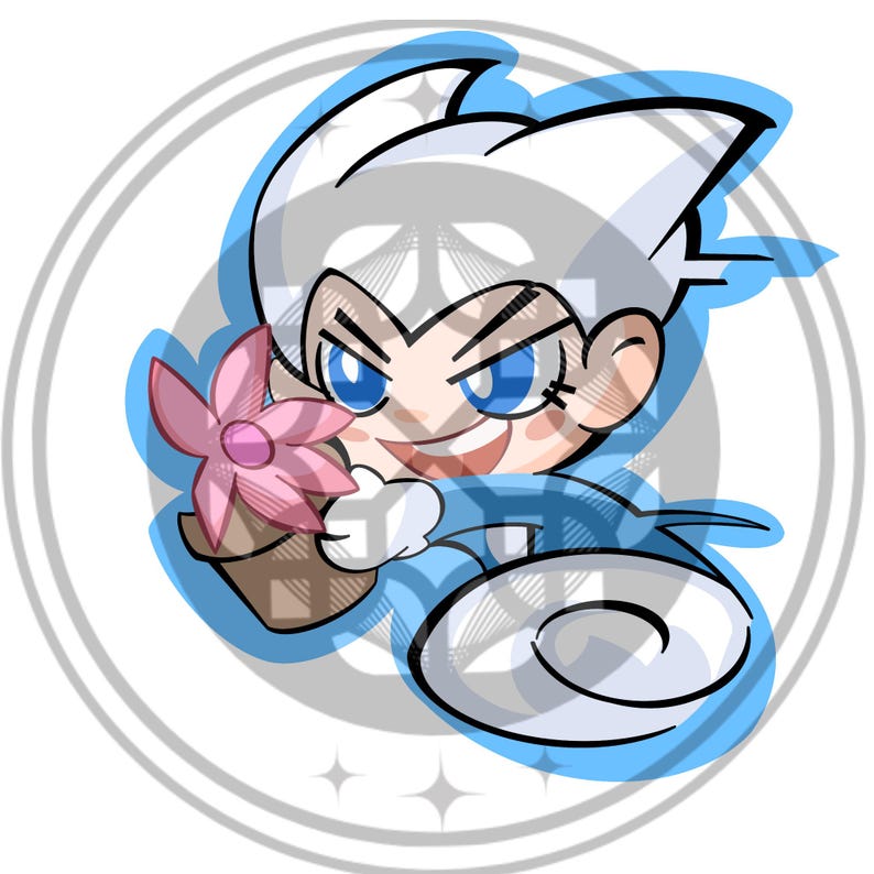 May include: A cartoon character with white hair and blue eyes, holding a pink flower in a brown pot. The character has a determined expression and is outlined in black and blue. The image is set against a white background with a gray circular design.