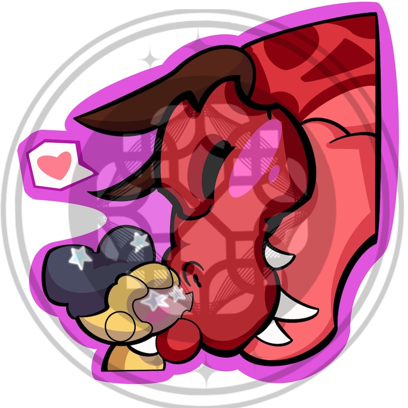 May include: A cartoon illustration of a red dragon kissing a small blonde character with a dark blue hat. A pink heart is in a speech bubble. The image is outlined in black and set against a pink and white background.