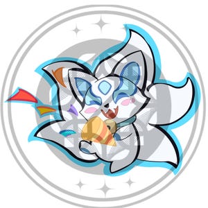 May include: A cartoon illustration of a white fox-like creature with blue accents, holding a cone-shaped object. The fox has a happy expression and is surrounded by colorful confetti. The image is set within a circular frame with a star pattern.