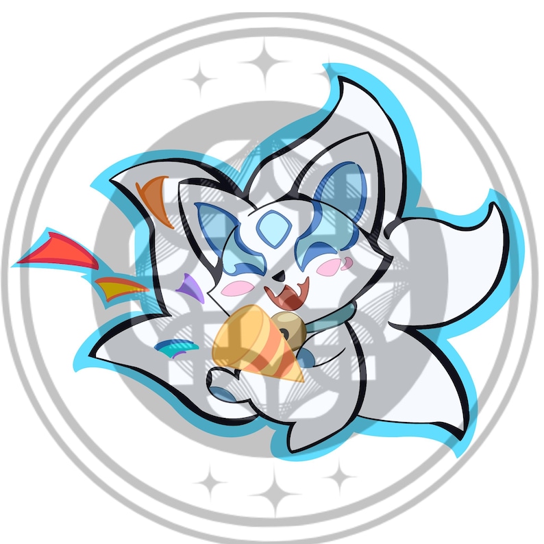 May include: A cartoon illustration of a white fox-like creature with blue accents, holding a cone-shaped object. The fox has a happy expression and is surrounded by colorful confetti. The image is set within a circular frame with a star pattern.