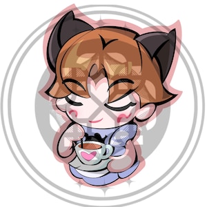 May include: A cartoon illustration of a character with brown hair and black ears, holding a cup of coffee with a heart design. The character is wearing a blue outfit and is set against a white background with a gray circular border.