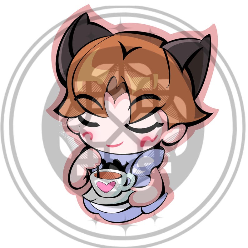 May include: A cartoon illustration of a character with brown hair and black ears, holding a cup of coffee with a heart design. The character is wearing a blue outfit and is set against a white background with a gray circular border.