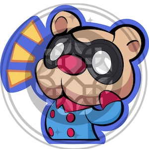May include: A cartoon illustration of a bear-like character with a black mask, red nose, and blue outfit with red buttons. The character is set against a blue background with yellow accents and a white outline.