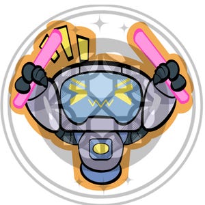 May include: A cartoon robot character with a light blue face and a gray body, holding two pink batons. The robot has a blue visor with yellow lightning bolt designs and a white outline. The image is set against a white background.
