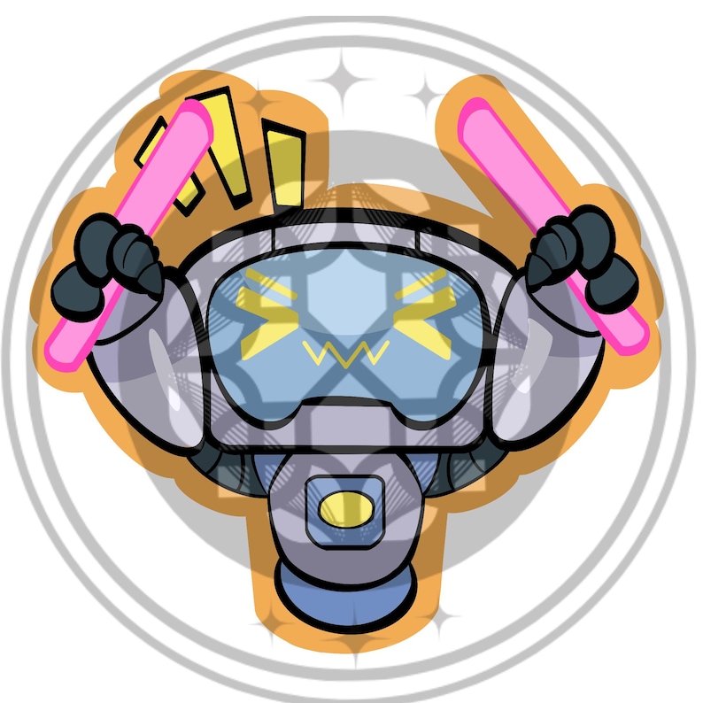 May include: A cartoon robot character with a light blue face and a gray body, holding two pink batons. The robot has a blue visor with yellow lightning bolt designs and a white outline. The image is set against a white background.