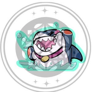May include: A cartoon shark illustration with a wide grin, wearing a pink collar with a gold tag. The shark is depicted in a splash of water, with a teal outline and a gray and white plaid pattern. The image is set within a gray and white circular frame.