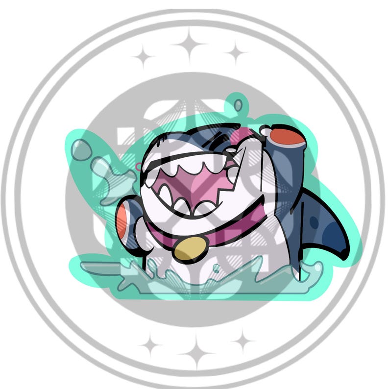 May include: A cartoon shark illustration with a wide grin, wearing a pink collar with a gold tag. The shark is depicted in a splash of water, with a teal outline and a gray and white plaid pattern. The image is set within a gray and white circular frame.