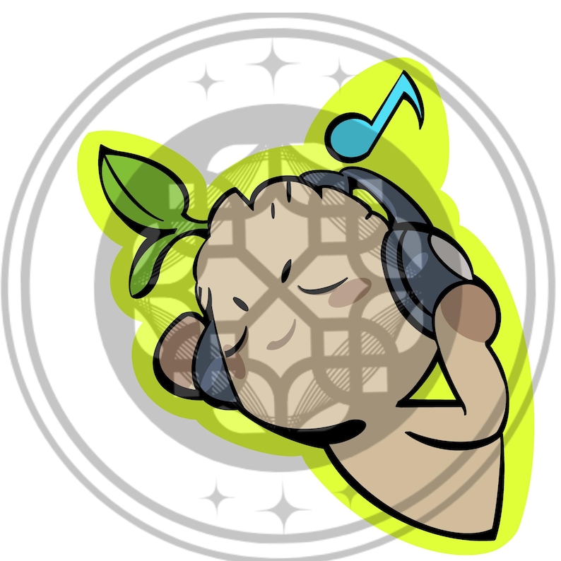 May include: A cartoon illustration of a character with a plant sprout, wearing headphones, and listening to music. The character is tan with a geometric pattern, set against a lime green and white background, with a blue musical note.