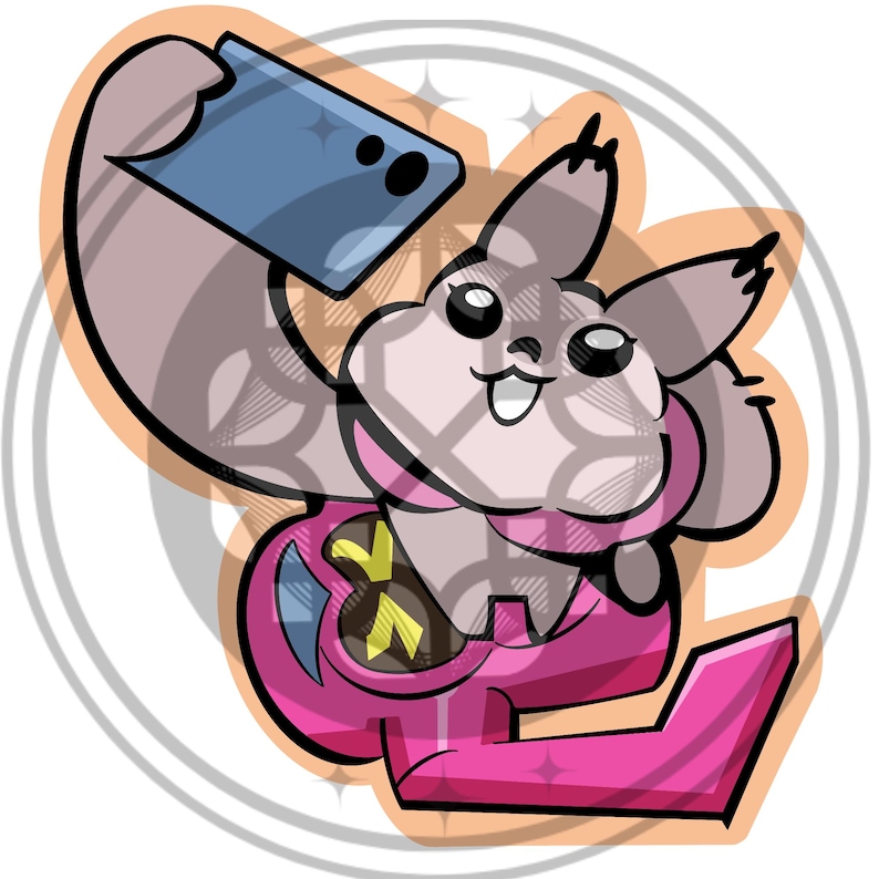 May include: A cartoon illustration of a light brown bunny taking a selfie with a blue phone. The bunny is wearing a pink outfit with a yellow and blue design. The image has an orange outline and a white background with a gray circular design.