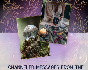 May include: A crystal ball sits on a mossy log, with a candle and tarot cards in the background. The text "Channeled Messages From The Universe Just For You." is at the bottom of the image.