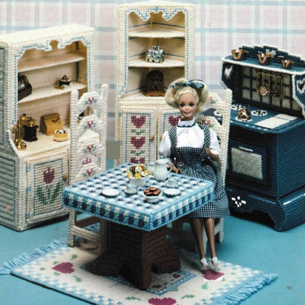 Plastic Canvas Dollhouse Furniture Pattern PDF, barbie fashion doll country kitchen, vintage charted needlepoint on 7-count mesh