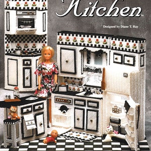 Plastic Canvas Dollhouse Furniture Pattern PDF, barbie fashion doll kitchen, vintage charted needlepoint on 7-count mesh