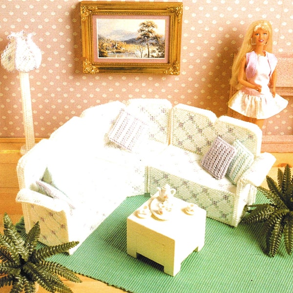 Plastic Canvas Dollhouse Furniture Pattern PDF, fashion doll living room, vintage charted needlepoint on 7-count mesh