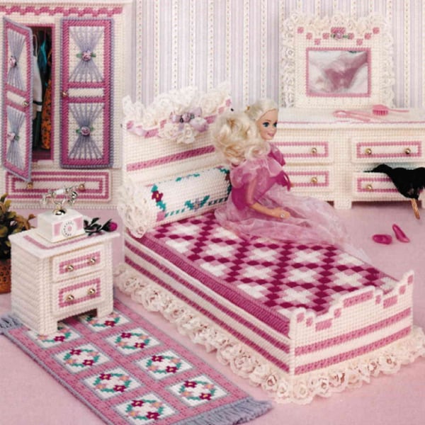 Plastic Canvas Dollhouse Furniture Pattern PDF, barbie fashion doll bedroom, vintage charted needlepoint on 7-count mesh