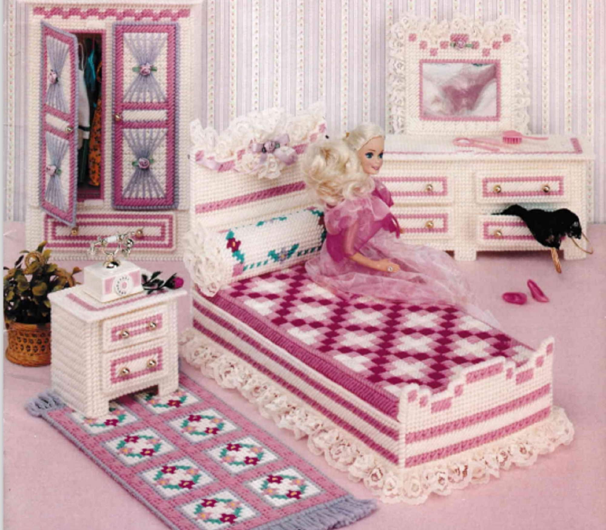 Plastic Canvas Dollhouse Furniture Pattern PDF barbie fashion doll bedroom vintage charted needlepoint on 7 count mesh