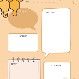 Puede incluir: Un planificador diario con tema de abejas. El planificador tiene un fondo naranja claro con un diseño de panal y las palabras "THE BEES KNEES DAILY PLANNER". Incluye secciones para fecha, hoy, lista de tareas, urgente, notas y recordatorios.