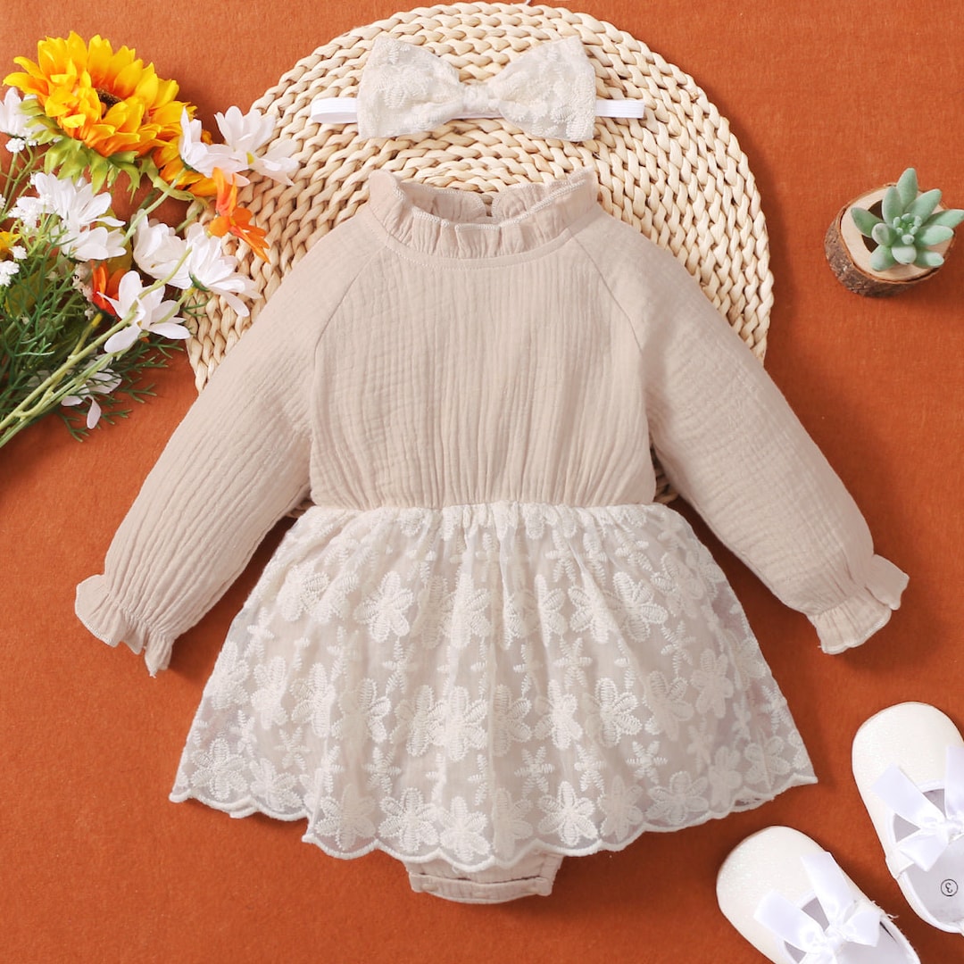 Baby Girl Frill Neck Spliced Lace Bodysuit Dress Etsy