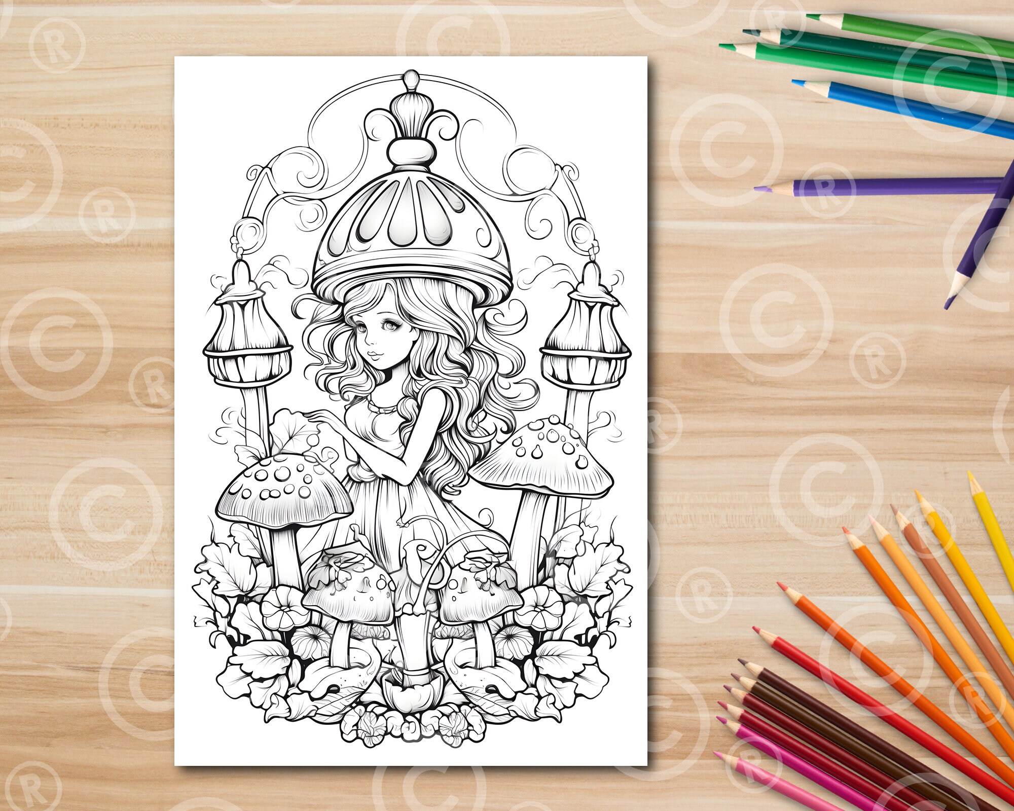 Mushroom Girl Coloring Page Printable Black and White Coloring Etsy