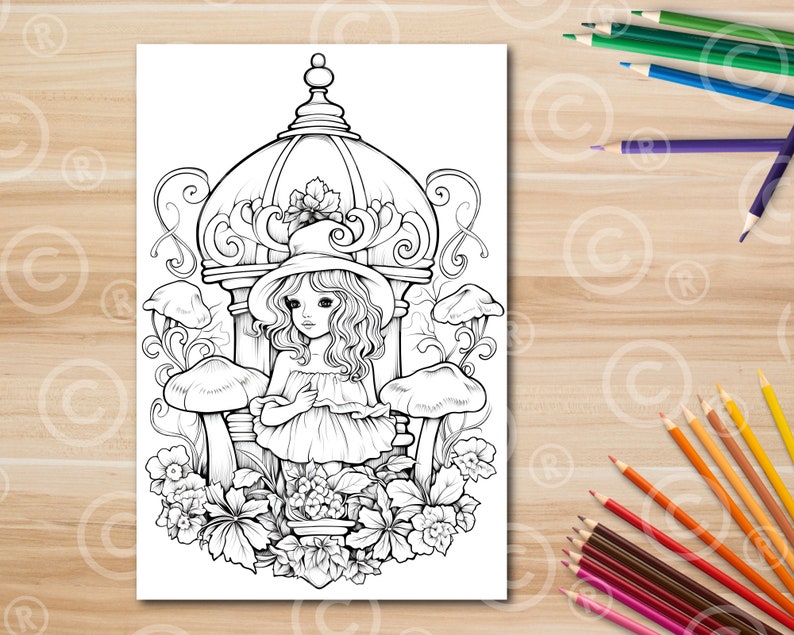 Mushroom Girl Coloring Page Printable Black and White Coloring Etsy