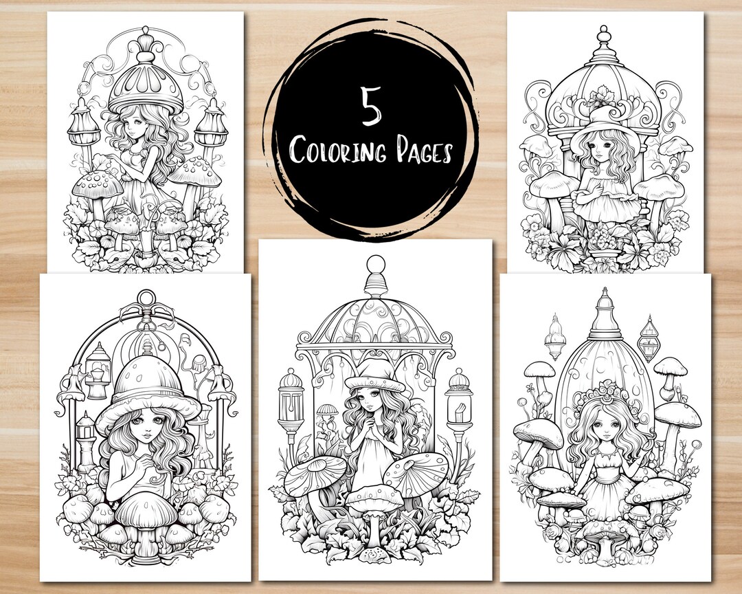 Mushroom Girl Coloring Page Printable Black and White Coloring - Etsy