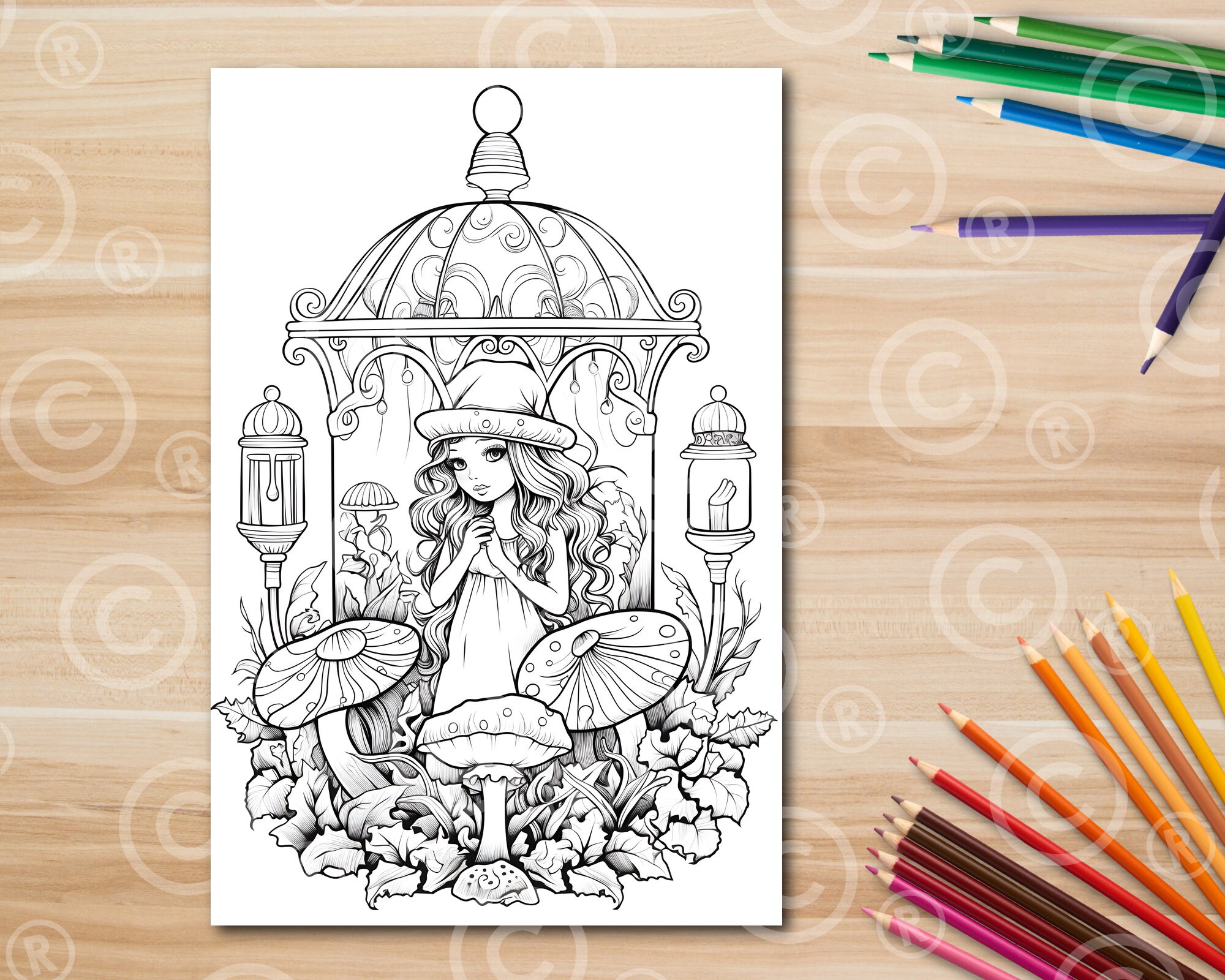 Mushroom Girl Coloring Page Printable Black and White Coloring Page for ...