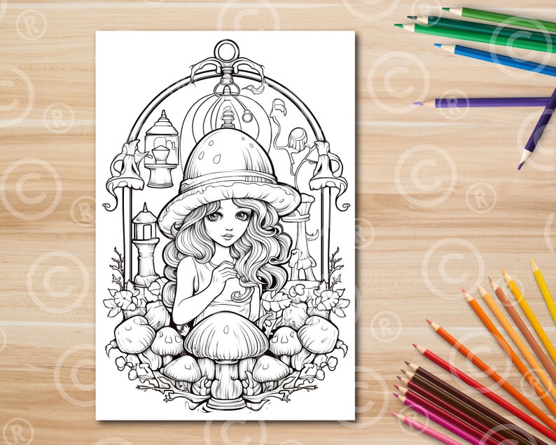 Mushroom Girl Coloring Page Printable Black and White Coloring - Etsy