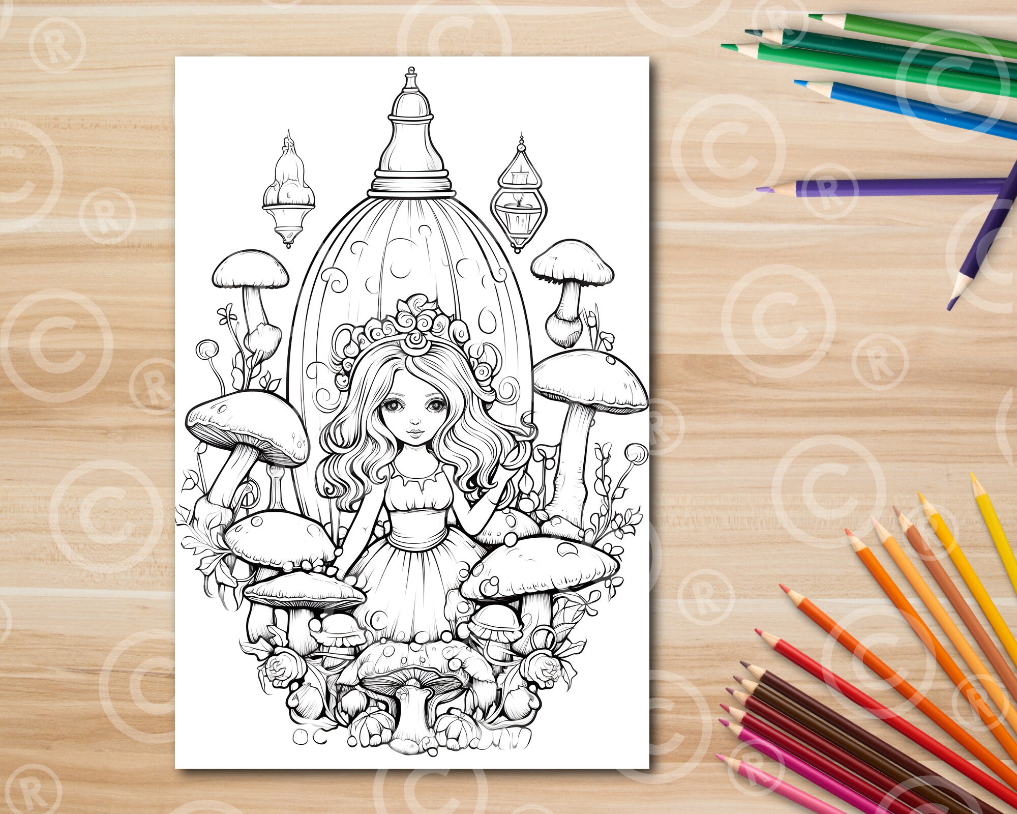Mushroom Girl Coloring Page Printable Black and White Coloring Page for ...