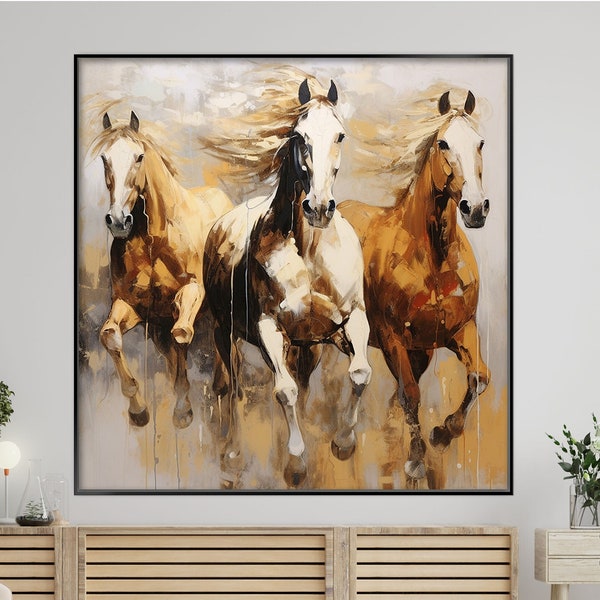 Running Horses, White And Brown Horse 100% Hand Painted, Textured Painting, Acrylic Abstract Oil Painting, Wall Decor Living Room, Office