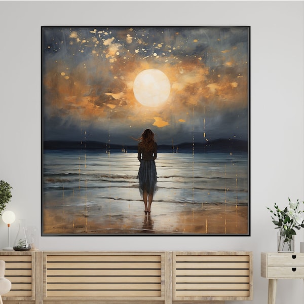 Woman in the Sea, Night, Full Moon 100% Hand Painted, Textured Painting, Acrylic Abstract Oil Painting, Wall Decor Living Room, Office Wall