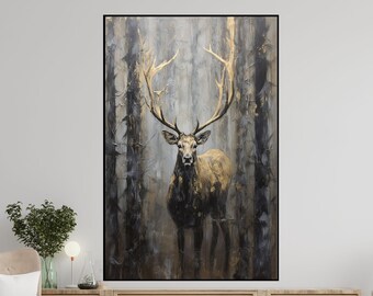 Deer, Dark Tones, Gold 100% Hand Painted, Textured Painting, Acrylic Abstract Oil Painting, Wall Decor Living Room, Office Wall Art