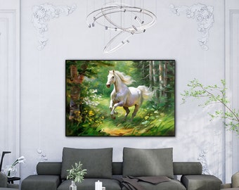 Weißes Pferd, laufendes weißes Pferd 100 % handgemalt, Strukturgemälde, abstraktes Acrylölgemälde, Wanddekoration Wohnzimmer, Bürowand